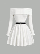 1pc Off-The-Shoulder Long Sleeve Cinched Waist Waist Flare Dress